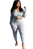 Grey Polyester Sexy ruffle Two Piece Suits Solid pencil Long Sleeve  Two-piece Pants Set