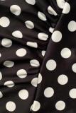 Black Polyester One Shoulder Collar Long Sleeve asymmetrical Dot Print Slim fit Patchwork  Long Sleeve Top