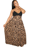 Brown Chemical fiber blend Sexy Spaghetti Strap Sleeveless V Neck Swagger Floor-Length Print Leopard Patch