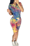 blue and yellow Fashion Street Tie Dye Two Piece Suits pencil Short Sleeve Two Pieces