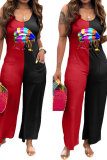 rose red Fashion Casual Patchwork Lip Polyester Sleeveless Slip Jumpsuits