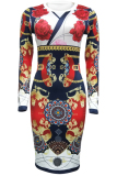 Gold Milk. Europe and America Cap Sleeve Long Sleeves O neck Pencil Dress Mid-Calf Patchwork Print Club