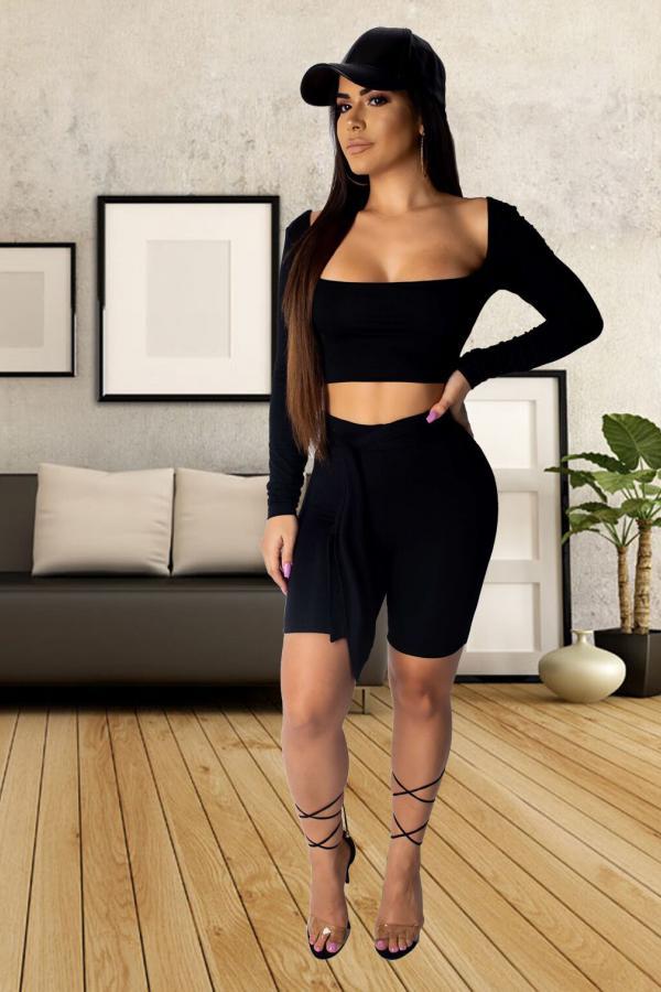 Black Sexy Fashion crop top Solid backless Skinny Two-Piece Short Set