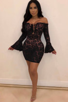Black Sexy Bell sleeve Off The Shoulder Long Sleeves One word collar Hip skirt skirt lace 