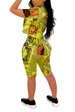 Yellow Fashion Casual adult Patchwork Print Two Piece Suits pencil Short Sleeve Two Pieces