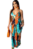 Rainbow color Casual Off The Shoulder Sleeveless Slip Swagger Floor-Length Print Patchwork