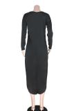 Black Polyester adult Casual Fashion Cap Sleeve Long Sleeves O neck Asymmetrical Mid-Calf asymmetrical hol