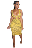 Yellow Polyester adult Sweet Fashion Two Piece Suits Print Patchwork A-line skirt Sleeveless 