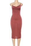 Pink Polyester Ma'am Casual Fashion adult Sexy Off The Shoulder Sleeveless V Neck Step Skirt Mid-Calf Sol