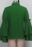 Green Chiffon O Neck Long Sleeve Solid Patchwork  Long Sleeve Tops