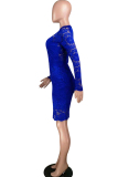 Blue Lace Casual Cap Sleeve Long Sleeves V Neck Step Skirt Knee-Length lace Solid Patchwork Broken flower