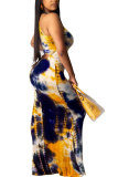 Dark Blue Polyester Fashion adult Street Grey Dark Blue Off The Shoulder Sleeveless O neck Pencil Dress Floor-Length Print Patchwork Tie and dye hollow out Dresses