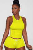 Yellow knit Sexy Patchwork Two Piece Suits Solid Straight Sleeveless  Two-Piece Short Set