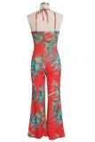 Yellow Sexy Fashion Patchwork Backless Print Sleeveless V Neck Jumpsuits
