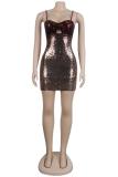 Gold Polyester adult Fashion Sexy Spaghetti Strap Sleeveless Slip Step Skirt skirt Sequin Solid  Club Dre