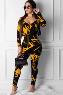 Yellow Polyester Casual Two Piece Suits Print Straight Long Sleeve 