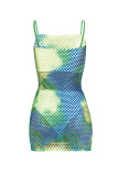 Green Sexy Fashion Spaghetti Strap Sleeveless Slip Slim Dress Mini backless Ombre perspective Print Fluore