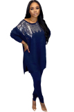 Blue Spandex Casual Solid Embroidery Two Piece Suits pencil Long Sleeve Two-piece Pants Set