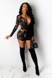 Green Fashion Sexy Camouflage Patchwork Print Long Sleeve V Neck