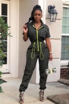 Army Green Casual Fashion zipper Pocket Short Sleeve Turndown Collar 