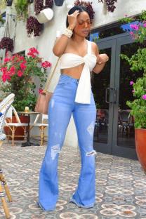 Blue Denim Button Fly Long Sleeve Mid Asymmetrical Hole Straight Pants 