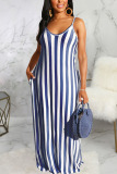Pink Polyester Fashion Sexy Black Blue Pink Spaghetti Strap Sleeveless V Neck Swagger Floor-Length Striped Dresses