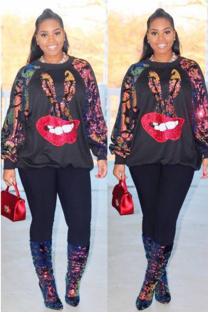 Black Polyester O Neck Long Sleeve Sequin Print Lips Print Patchwork  Tees & T-shirts