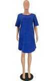 Blue adult Sexy Fashion Cap Sleeve Half Sleeves O neck Straight Knee-Length Solid Patchwork Ca
