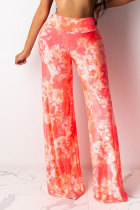 Pink Yellow Polyester Elastic Fly Sleeveless High Patchwork Print Boot Cut Pants Bottoms