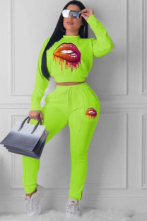 Fluorescent green Polyester OL Two Piece Suits Print pencil Long Sleeve  Two-piece Pants Set