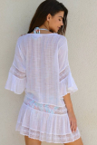 White Fashion Sexy Ruffled Sleeve Half Sleeves O neck Asymmetrical Knee-Length Patchwork Solid