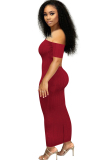 Wine Red Chemical fiber blend Sexy Off The Shoulder Short Sleeves One word collar Step Skirt Ankle-Length Sol