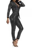 Black Sexy Fashion zipper Sequin Chlorine Long Sleeve O Neck Jumpsuits