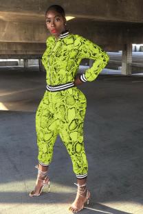 Yellow Polyester adult Sexy Fashion Print serpentine Patchwork Two Piece Suits pencil Long Sleeve 