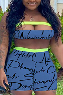 Blue Fashion Sexy Print Two Piece Suits pencil Sleeveless Two Pieces