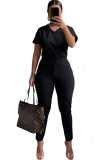 Black venetian Casual Fashion Ma'am adult Patchwork Two Piece Suits Solid pencil Short Sleeve Two-piece P