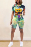 Fluorescent green Fashion Active Patchwork Print Tie Dye Two Piece Suits Straight Short Sleeve Two Pieces