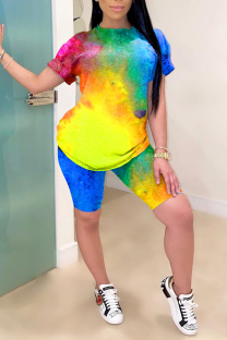 As Show Polyester OL Fashion adult Two Piece Suits Patchwork Tie Dye Print pencil Short Sleeve  Two-Piece Sh