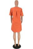 Orange adult Sexy Fashion Cap Sleeve Half Sleeves O neck Straight Knee-Length Solid Patchwork Ca