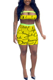 Yellow Polyester Fashion Sexy Print Two Piece Suits pencil Sleeveless Two Pieces