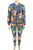 As Show Sexy O Neck Two Piece Suits Floral Zippered Print Pattern