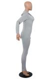 Grey Casual zipper Solid Long Sleeve Hooded 