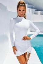 White Polyester Europe and America Fashion adult Cap Sleeve Long Sleeves O neck Pencil Dress Mini Patchwor
