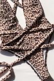 Leopard print Nylon bandage Print Leopard backless Hooded Out Patchwork Sexy adult Fashion Bikinis Set