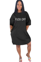 Black Polyester Fashion Casual adult Ma'am Black Cap Sleeve Half Sleeves O neck Step Skirt Knee-Length Print Character Dresses