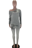 Grey Spandex Casual Solid Embroidery Two Piece Suits pencil Long Sleeve Two-piece Pants Set