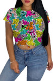 Green Yellow cartoon Multi-color purple Polyester O Neck Short Sleeve Patchwork Print Character Tops