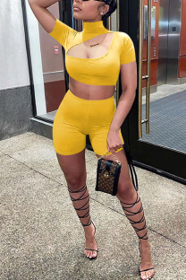 Yellow Fashion Casual Patchwork Solid Two Piece Suits pencil Short Sleeve Two Pieces