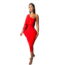Red Sexy Off The Shoulder Sleeveless one shoulder collar Slim Dress Mid-Calf  Club Dresses