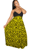Yellow Chemical fiber blend Sexy Spaghetti Strap Sleeveless V Neck Swagger Floor-Length Print Leopard Patch